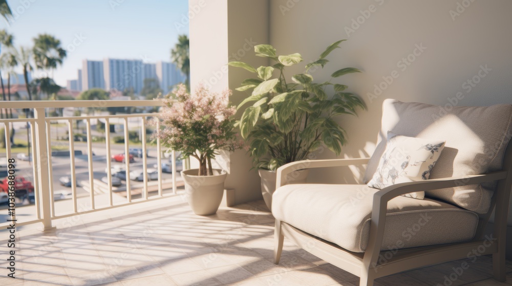 Serene minimalist veranda with neutral furniture for a tranquil outdoor experience Serene minimalist veranda with neutral furniture for a tranquil outdoor experience