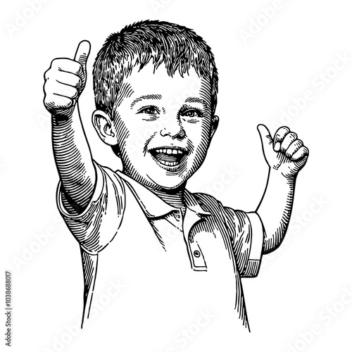 Excited Young Child Showing Thumbs Up in Black and White Outline Line Art Drawing
