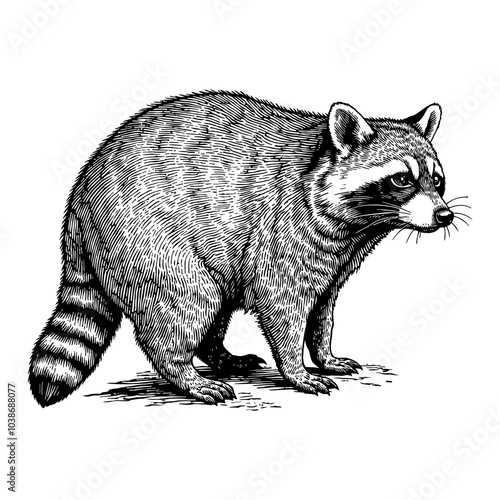 Raccoon Detailed Wildlife Black and White Outline Line Art Drawing with Textured Fur Design