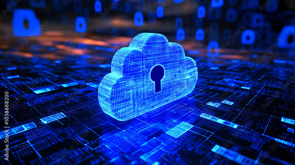 A glowing cloud symbol with a keyhole sits on a circuit board background, representing cloud and networking internet security.