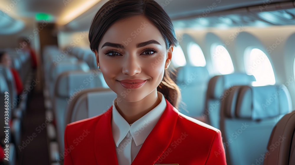 A smiling, attractive female flight steward looks directly at the camera inside an airplane. Dressed in her professional uniform, she exudes warmth and professionalism in the bright cabin setting.
