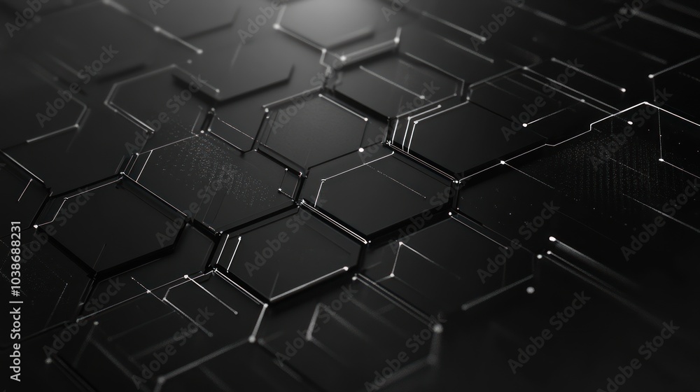 Fototapeta premium Tech startup hexagon banner with sleek digital patterns and interconnected geometric shapes.