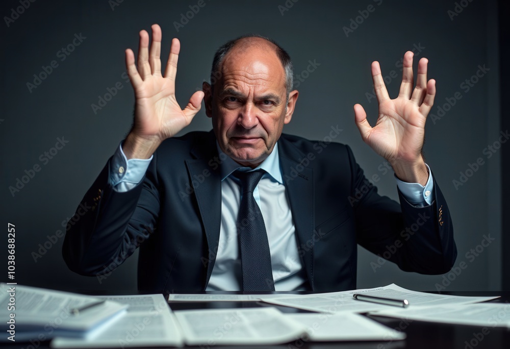 Businessman in Suit With Hands Raised in Frustration . Businessman in Suit With Hands Raised in Frustration .