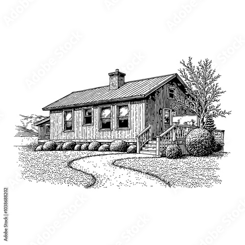 Rustic Ranch Building with Surrounding Landscape Black and White Outline Line Art Drawing