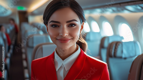 Obraz na płótnie A smiling, attractive female flight steward looks directly at the camera inside an airplane. Dressed in her professional uniform, she exudes warmth and professionalism in the bright cabin setting. w salonie