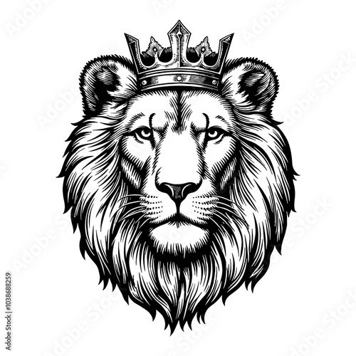 Regal Heraldic Lion with Crown in Detailed Black and White Outline Line Art Drawing photo