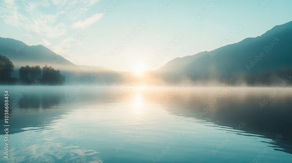 Calm morning reflection of misty mountains and trees in a serene lake during autumn in early sunlight Calm morning reflection of misty mountains and trees in a serene lake during autumn in early sunlight