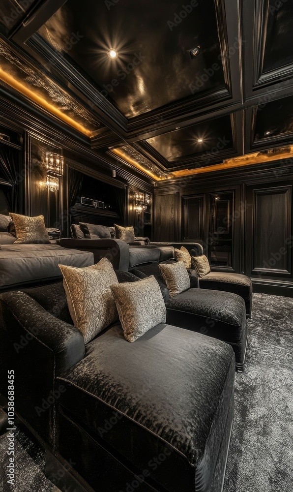 Black home theater with plush seating. Black home theater with plush seating.
