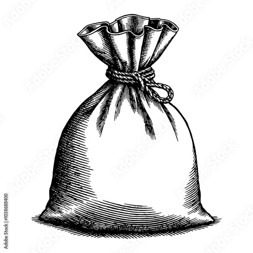 Tied Sack with Rope in Detail Black and White Outline Line Art Drawing in Vintage Style