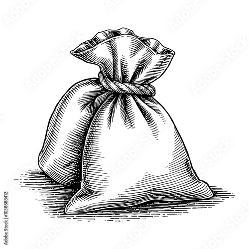 Tied Sack with Detailed Artistic Black and White Outline Line Art Drawing Featuring Rope Knot