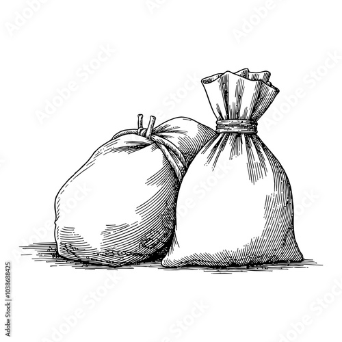 Sack Tied with Rope in Detailed Black and White Outline Line Art Drawing with Two Sacks Shown