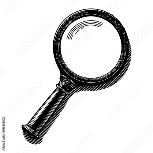 Simple Magnifying Glass Black and White Outline Line Art Drawing with Detailed Vintage Style