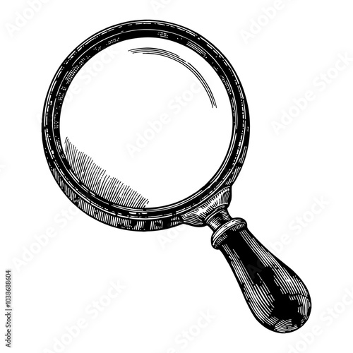 Simple Magnifying Glass with Handle in Vintage Black and White Outline Line Art Drawing