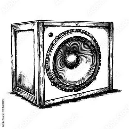 Small Speaker in Detailed Retro Black and White Outline Line Art Drawing with Front Angle View