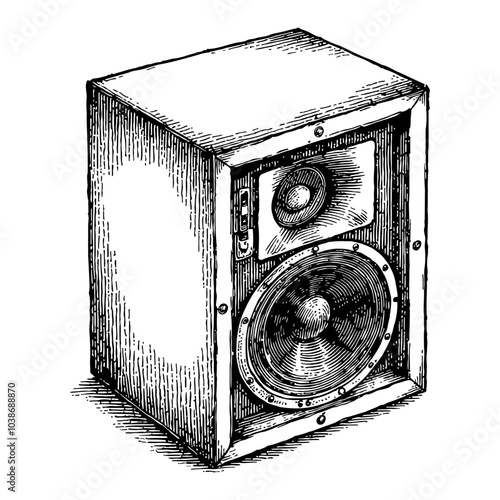 Small Speaker in Detailed Black and White Outline Line Art Drawing with Vintage Style