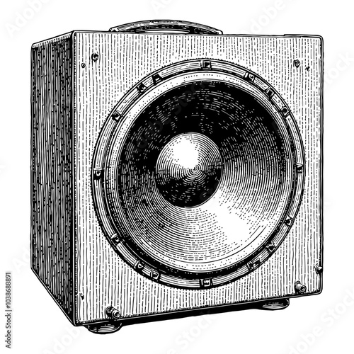 Vintage Speaker in Detailed Black and White Outline Line Art Drawing with Logo Style Design