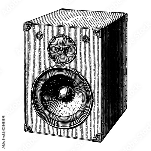 Vintage Speaker in Detailed Black and White Outline Line Art Drawing with Logo Style Elements