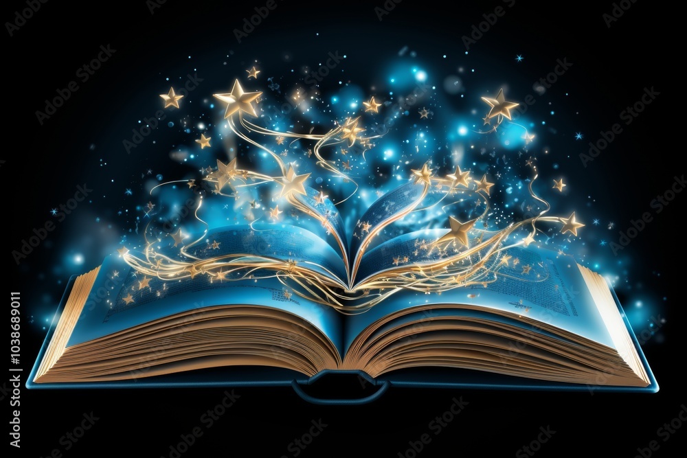 A mystical book opens, releasing stars and cosmic elements into a dark night sky backdrop. A mystical book opens, releasing stars and cosmic elements into a dark night sky backdrop.