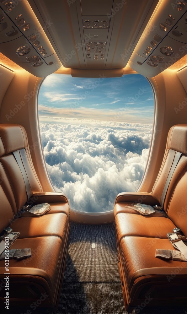 Airplane seats with a view of clouds. Airplane seats with a view of clouds.