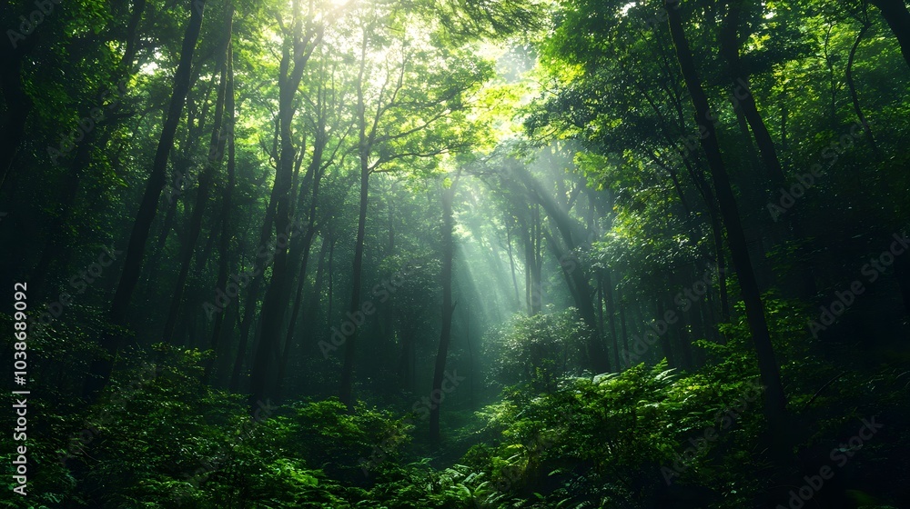 Fototapeta premium Sunlight filtering through dense green forest