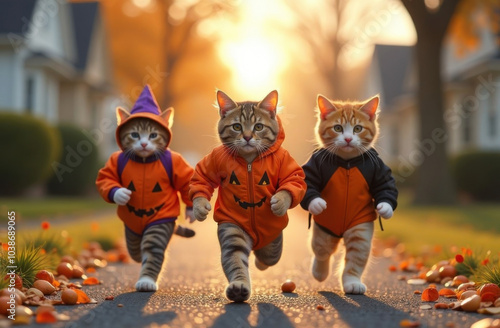 Funny  kittens -children in carnival costumes running down the street on Halloween. Children's movement cats are children. Cat food. Happy Halloween. Concept of tradition.