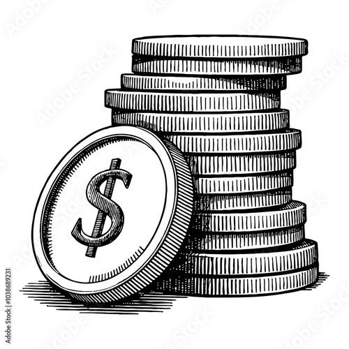 Stack of Coins in Vintage Detailed Black and White Outline Line Art Drawing with Dollar Symbol