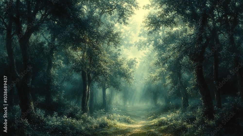 A tranquil forest scene enveloped in soft, diffused light. Tall trees create a natural archway, their leaves lush and vibrant. A winding path appears to lead deeper into the woods, covered with a ligh A tranquil forest scene enveloped in soft, diffused light. Tall trees create a natural archway, their leaves lush and vibrant. A winding path appears to lead deeper into the woods, covered with a ligh
