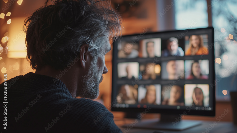 Over-the-shoulder shot of a man working from home, focused on his laptop screen during a video conference. Multiple people are visible in the online meeting, with a casual home office setup.
