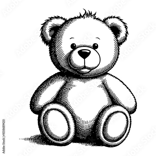 Teddy Bear Sitting Pose in Cute Black and White Outline Line Art Drawing with Detailed Fur