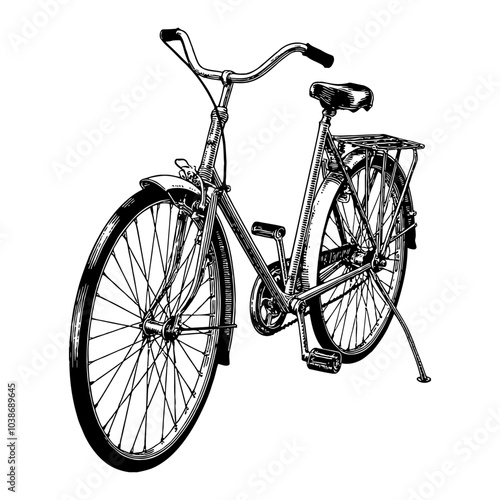 Vintage Bicycle with Front View Black and White Outline Line Art Drawing for Retro Design photo