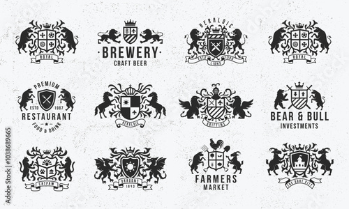 Vintage logo set. Heraldry logo templates. Lions, Taurus, Dragons emblems. Crest, Coat of Arms design. Vector illustration
