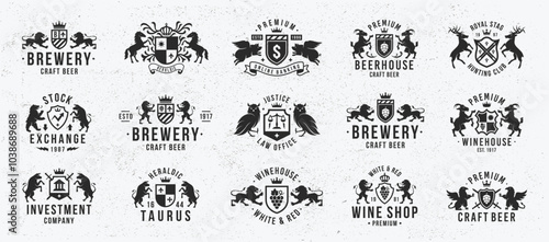 15 Heraldic, Coat of arms embelms, logos. Logo templates for Heraldic, Crest. Vector illustration.
