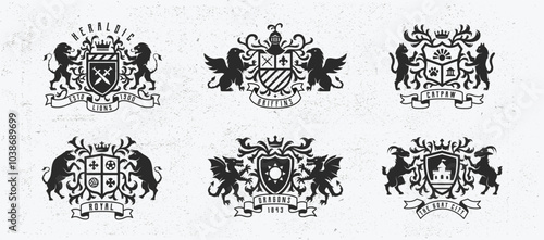 Heraldic, Coat of Arms, Crest logo set. Modern design posters with floral ornaments. Label, badge, emblem for Coat of Arms. Luxury logo, crest. 