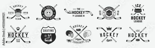 Ice Hockey logo set. 8 ice hockey emblems with hockey helmets, cues icons. Hipster Design. Emblem, poster templates. Vector illustration