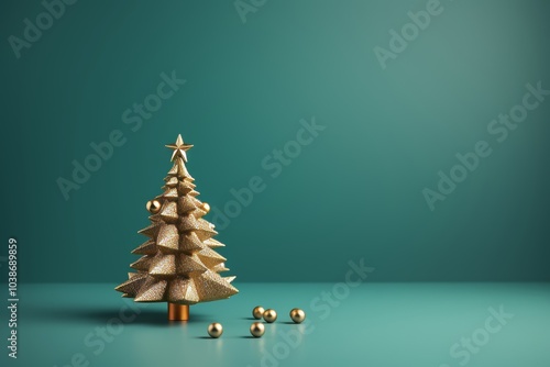 Stylized pale green christmas tree on turquoise background with decorative stars and space for text