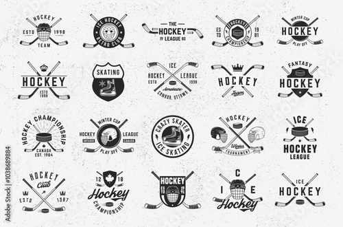 Ice Hockey labels, emblems and logos. Ice hockey logo set with helmets, balls, cues and ribbon banner icons. Hipster Design. Emblem, poster templates. Vector illustration