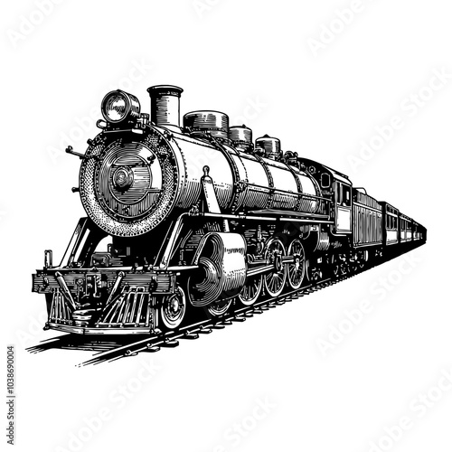 Vintage Train Locomotive on Tracks Black and White Outline Line Art Drawing with Details