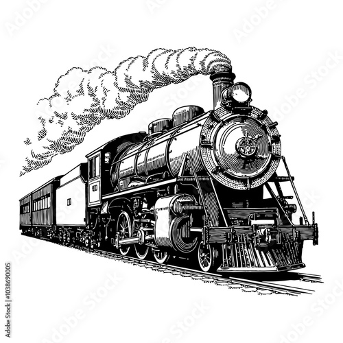 Vintage Steam Train with Detailed Black and White Outline Line Art Drawing in Motion