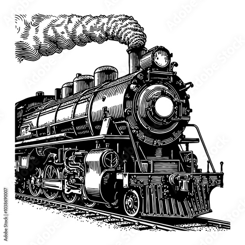 Vintage Train Locomotive with Detailed Black and White Outline Line Art Drawing Style