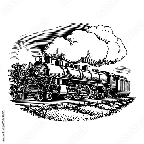 Vintage Train Engine Illustration in Black and White Outline Line Art Drawing Style