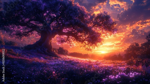 The image portrays a majestic, ancient tree with sprawling branches silhouetted against a vibrant sunset. The sky is ablaze with a gradient of orange, purple, and pink hues, casting a warm light over 