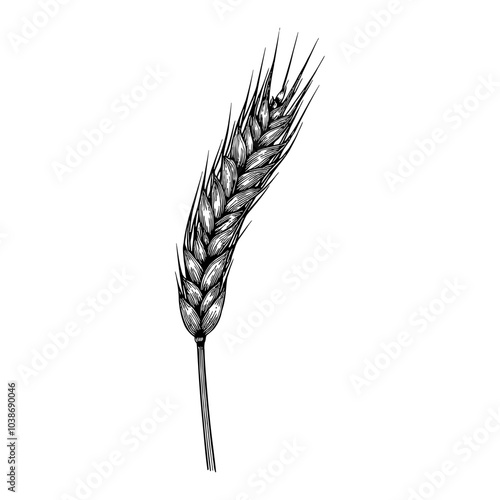 Wheat Ear with Detailed Style in Black and White Outline Line Art Drawing Isolated on White Background