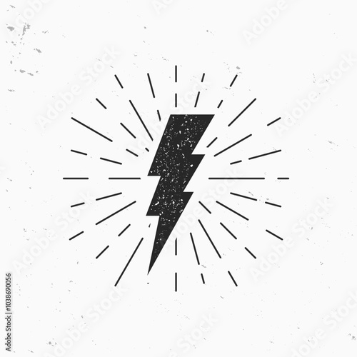 Lightning bolt with light rays isolated on white background. Vintage Thunder icon with stamp effect. Vector illustration