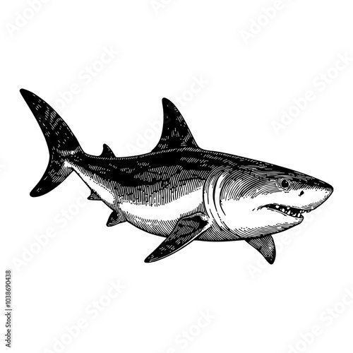 Shark in Detailed Vintage Black and White Outline Line Art Drawing with Engraving Style