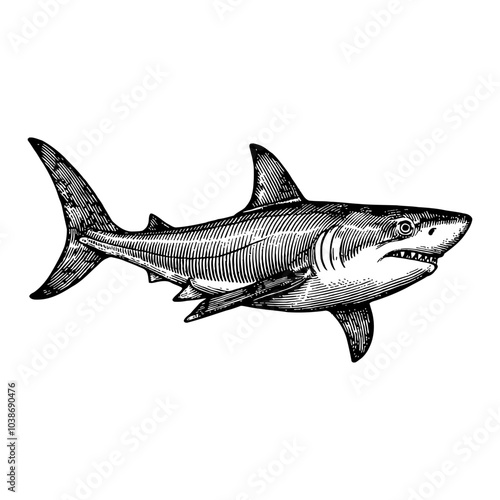 Shark Swimming Sea Creature in Detailed Black and White Outline Line Art Drawing Illustration