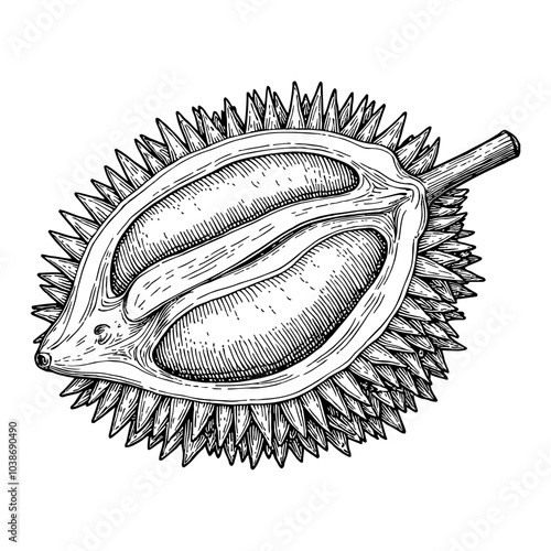 Whole Durian Fruit Illustration in Detailed Black and White Outline Line Art Drawing