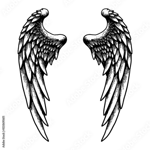 Angel Wings Detailed Black and White Outline Line Art Drawing with Intricate Feather Patterns