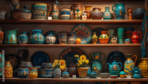 AI generator image of shelf filled with various Mexican crafts and art, including handmade pottery, handmade pottery, colorful folk art tiles, traditional woodworking items such as flower pots or vase