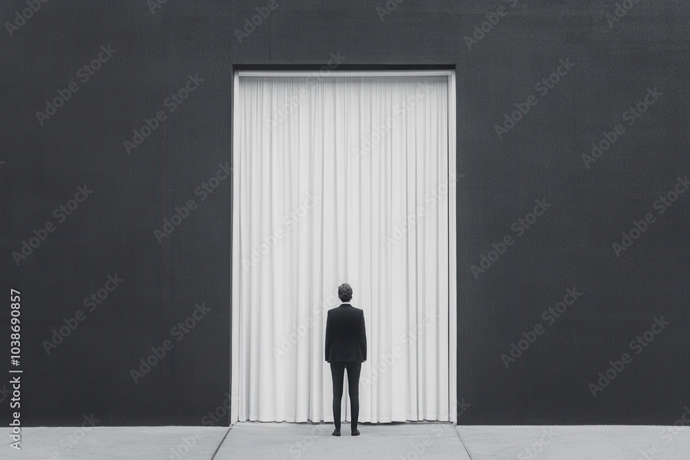 Obraz premium A solitary figure in a black suit stands before a large curtain, conveying themes of anticipation and separation within a stark, minimalist environment.