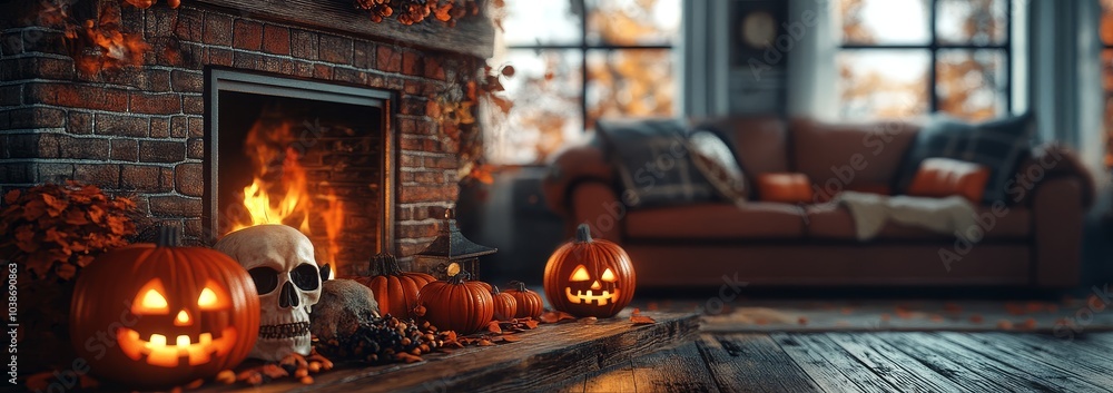 Halloween Pumpkins and Skulls on a Table in a Living Room with a Burning Fireplace in Hysterical Realism Style Halloween Pumpkins and Skulls on a Table in a Living Room with a Burning Fireplace in Hysterical Realism Style